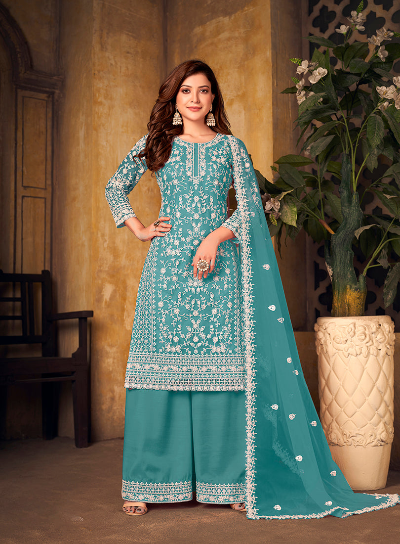 Monjolika Fashion Sky Blue Color Net Embroidered Salwar Kameez