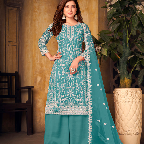 Monjolika Fashion Sky Blue Color Net Embroidered Salwar Kameez