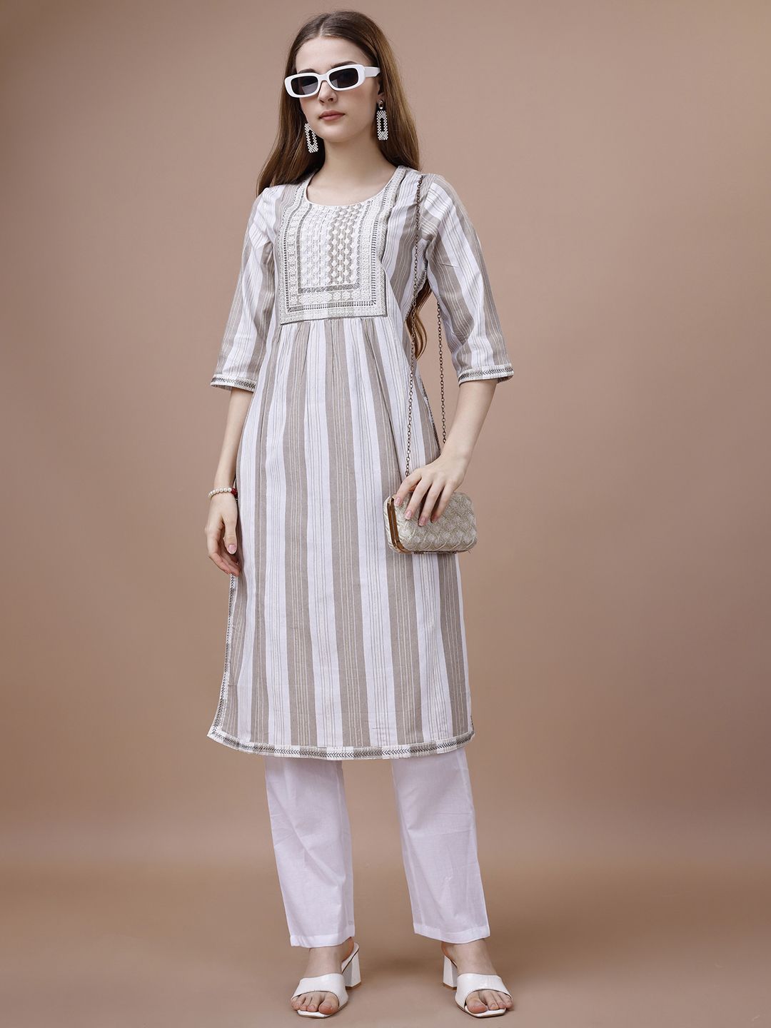Ode by House of Pataudi White Striped Printed Round Neck Cotton Straight Kurta - Distacart