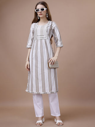 Ode by House of Pataudi White Striped Printed Round Neck Cotton Straight Kurta - Distacart