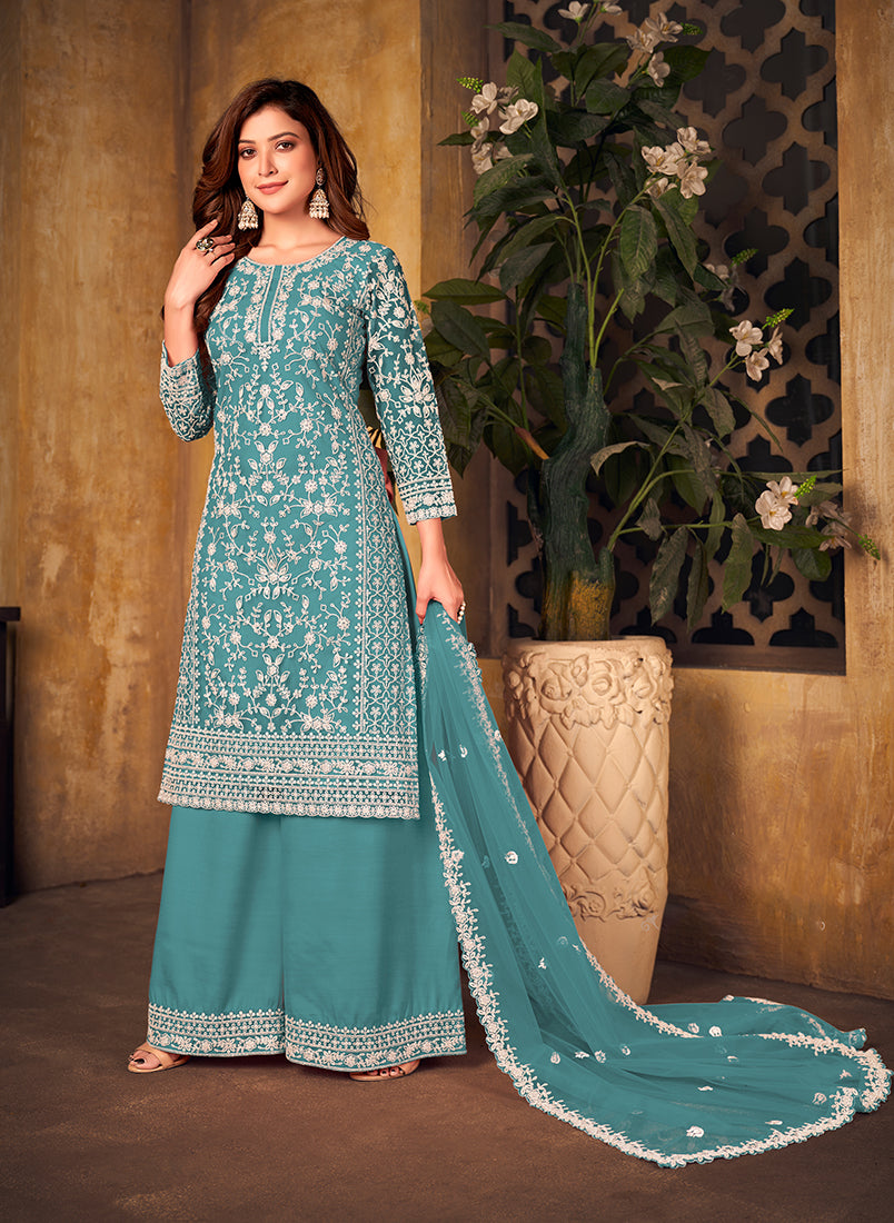 Monjolika Fashion Sky Blue Color Net Embroidered Salwar Kameez