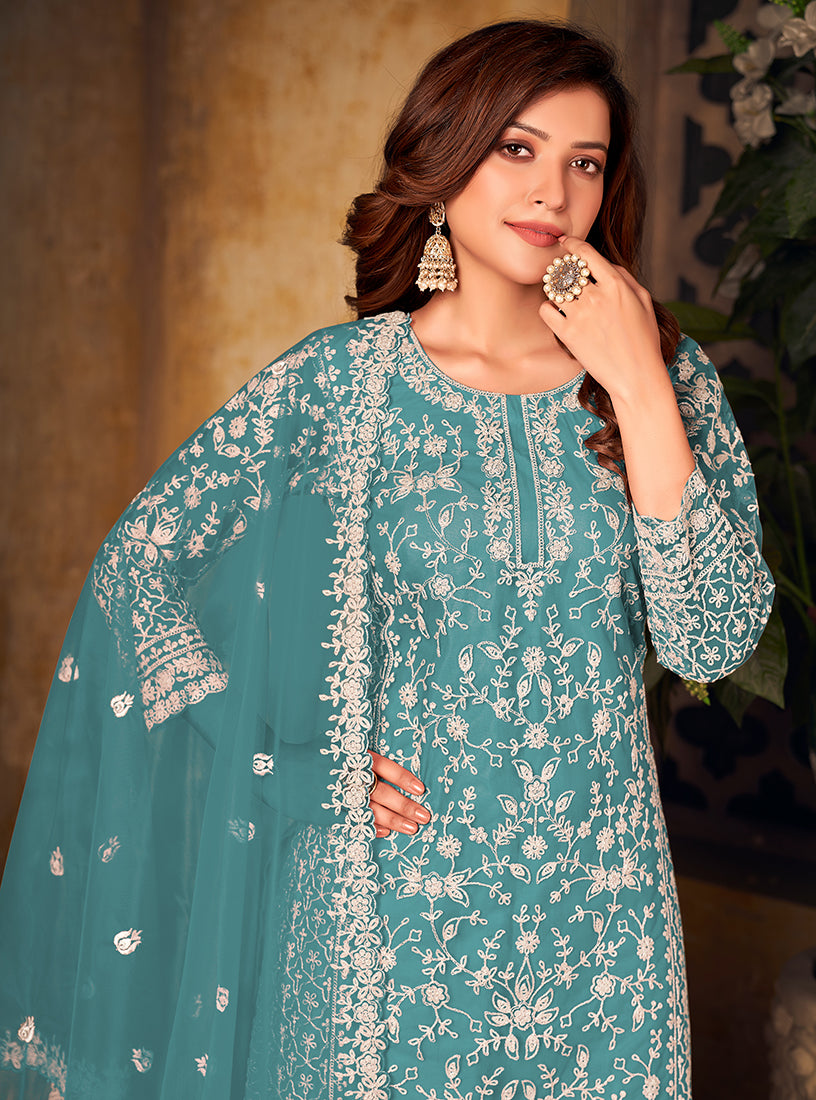 Monjolika Fashion Sky Blue Color Net Embroidered Salwar Kameez