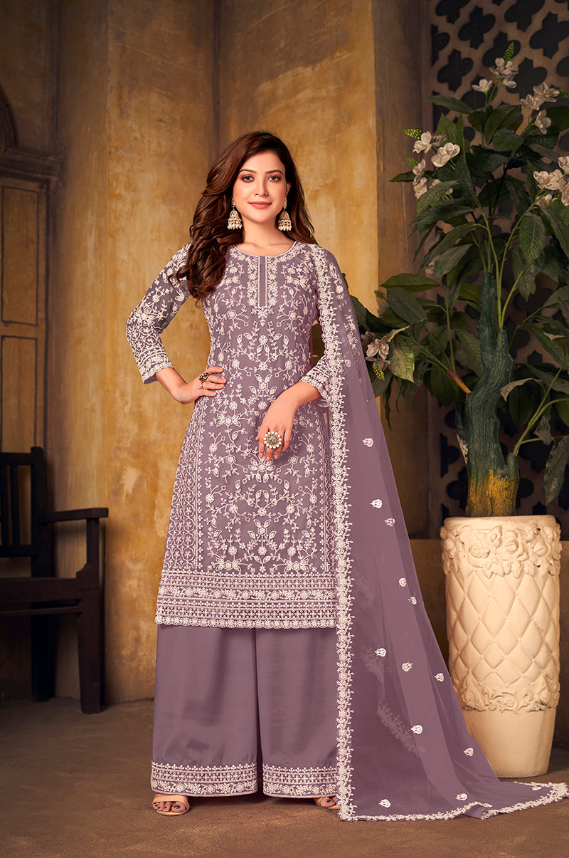 Monjolika Fashion Lavender Color Net Embroidered Salwar Kameez