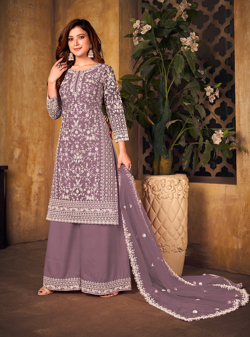 Monjolika Fashion Lavender Color Net Embroidered Salwar Kameez