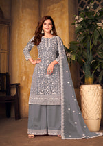 Thumbnail for Monjolika Fashion Grey Color Net Embroidered Salwar Kameez