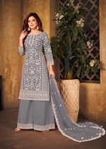 Thumbnail for Monjolika Fashion Grey Color Net Embroidered Salwar Kameez