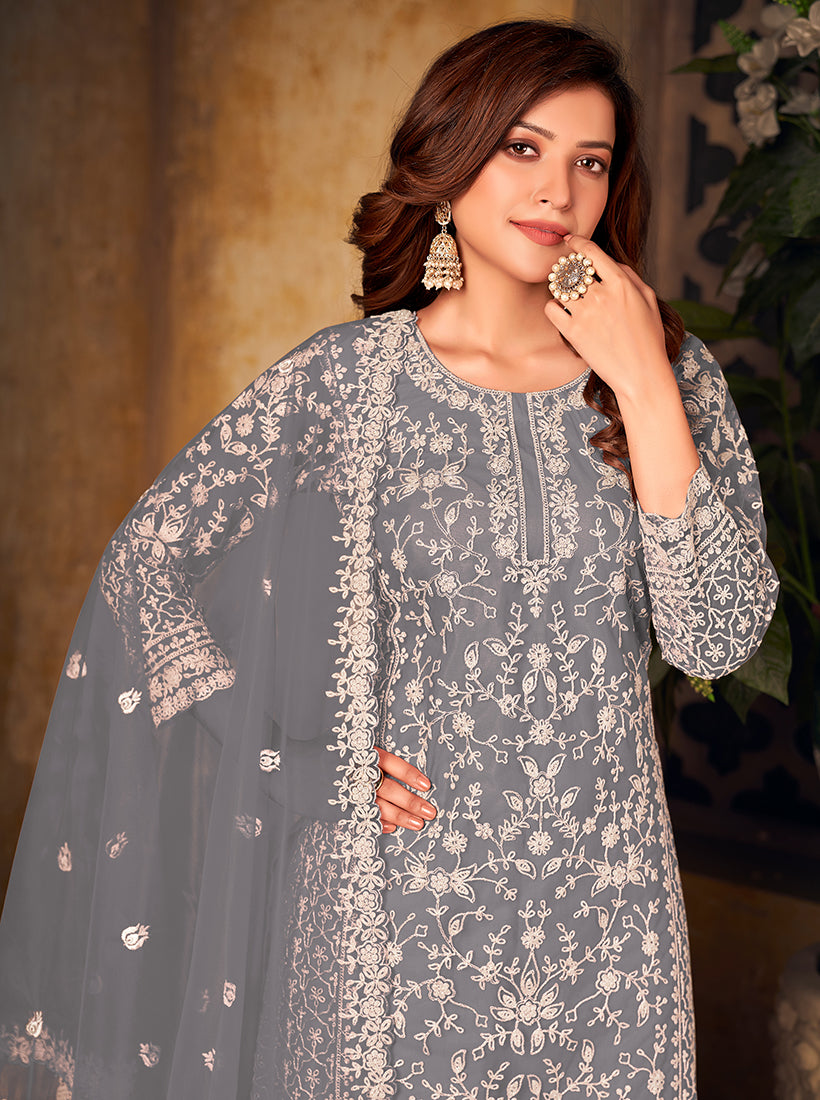 Monjolika Fashion Grey Color Net Embroidered Salwar Kameez