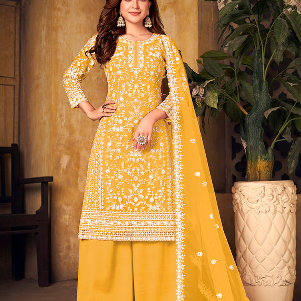 Monjolika Fashion Yellow Color Net Embroidered Salwar Kameez