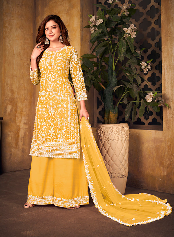 Monjolika Fashion Yellow Color Net Embroidered Salwar Kameez