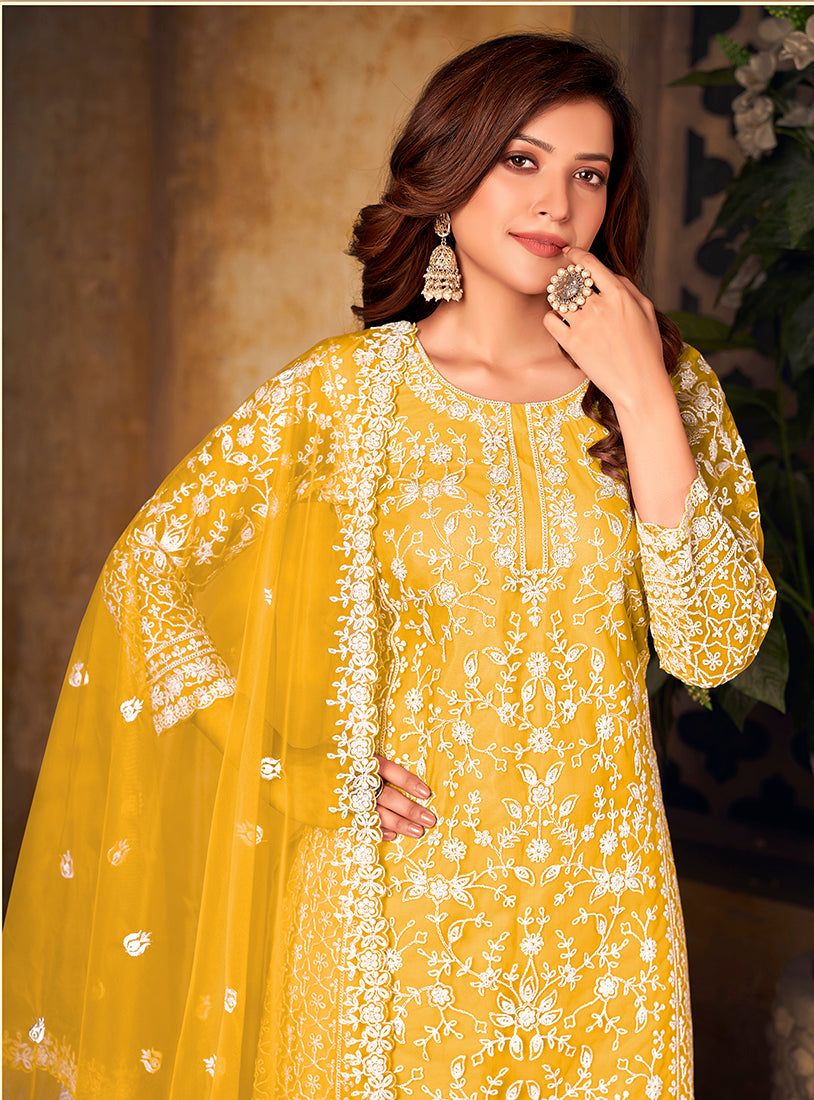 Monjolika Fashion Yellow Color Net Embroidered Salwar Kameez