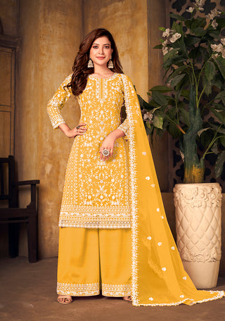 Monjolika Fashion Yellow Color Net Embroidered Salwar Kameez