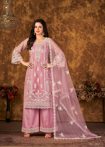 Monjolika Fashion Light Pink Color Net Embroidered Palazzo Suit - Distacart