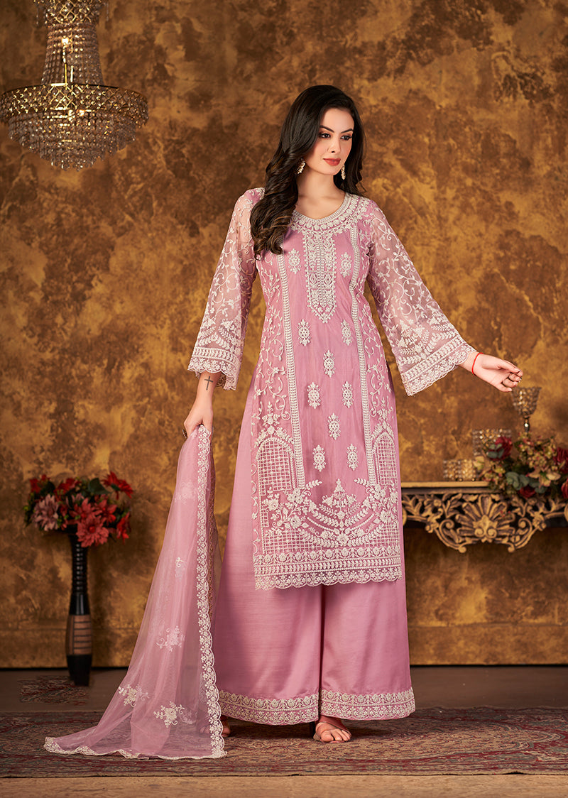 Monjolika Fashion Light Pink Color Net Embroidered Palazzo Suit