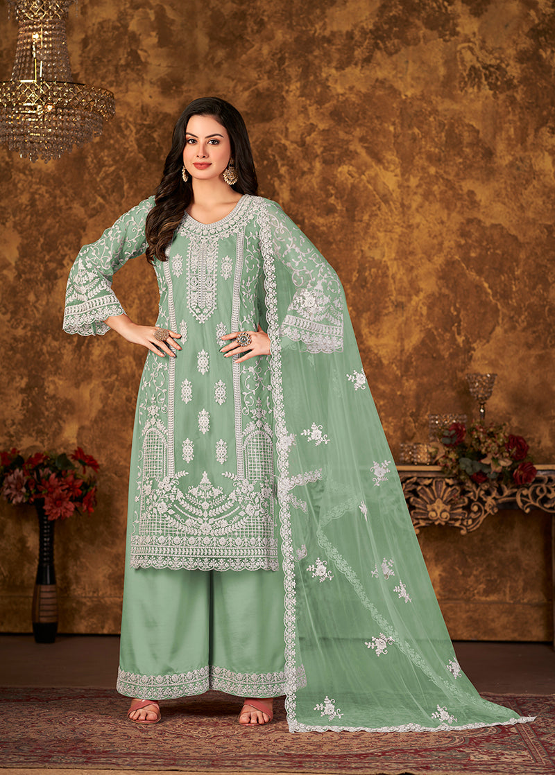 Monjolika Fashion Sea Green Color Net Embroidered Palazzo Suit