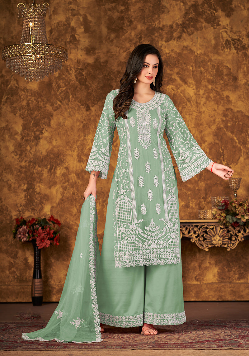 Monjolika Fashion Sea Green Color Net Embroidered Palazzo Suit