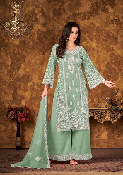 Monjolika Fashion Sea Green Color Net Embroidered Palazzo Suit