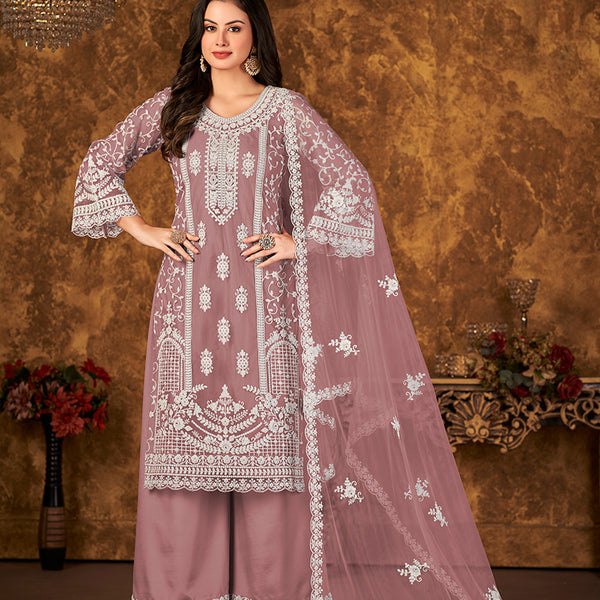 Monjolika Fashion Mauve Color Net Embroidered Palazzo Suit - Distacart