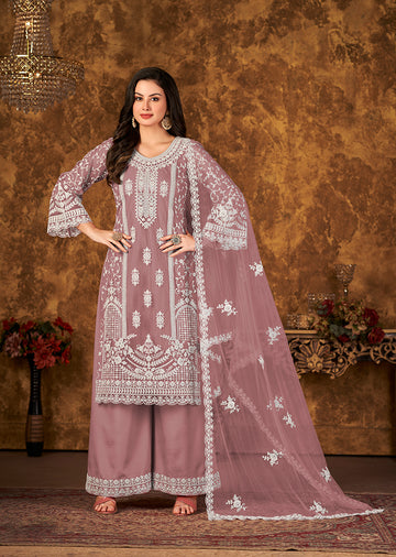 Monjolika Fashion Mauve Color Net Embroidered Palazzo Suit - Distacart