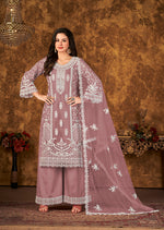 Thumbnail for Monjolika Fashion Mauve Color Net Embroidered Palazzo Suit