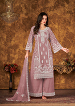 Thumbnail for Monjolika Fashion Mauve Color Net Embroidered Palazzo Suit