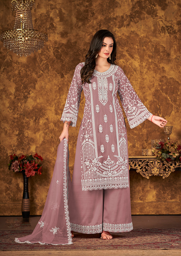 Monjolika Fashion Mauve Color Net Embroidered Palazzo Suit