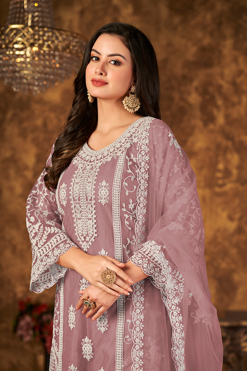 Monjolika Fashion Mauve Color Net Embroidered Palazzo Suit