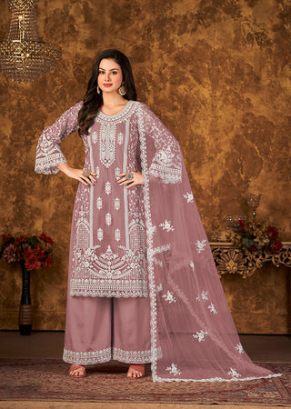 Monjolika Fashion Mauve Color Net Embroidered Palazzo Suit
