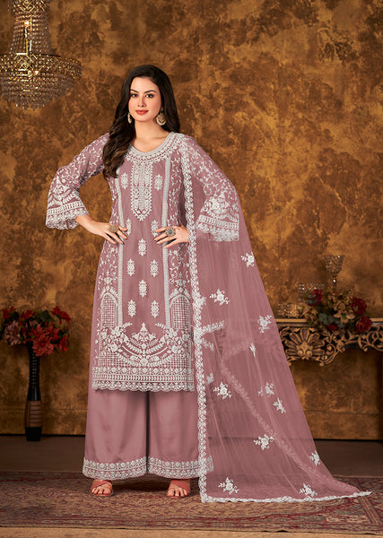 Monjolika Fashion Mauve Color Net Embroidered Palazzo Suit
