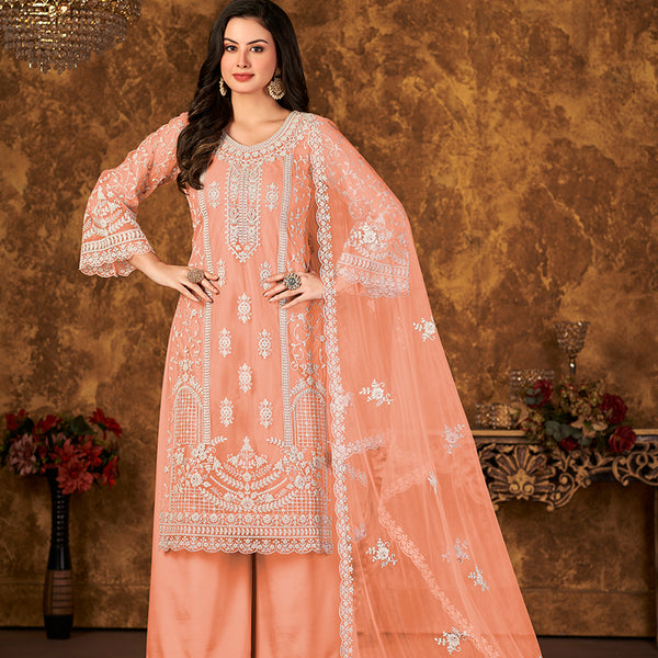 Monjolika Fashion Peach Color Net Embroidered Palazzo Suit