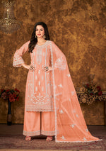 Thumbnail for Monjolika Fashion Peach Color Net Embroidered Palazzo Suit