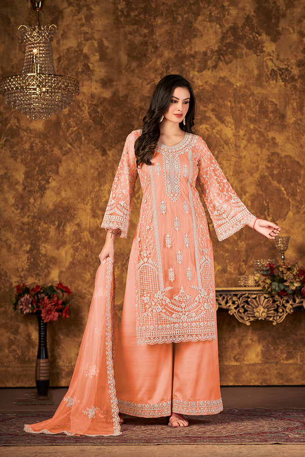Monjolika Fashion Peach Color Net Embroidered Palazzo Suit