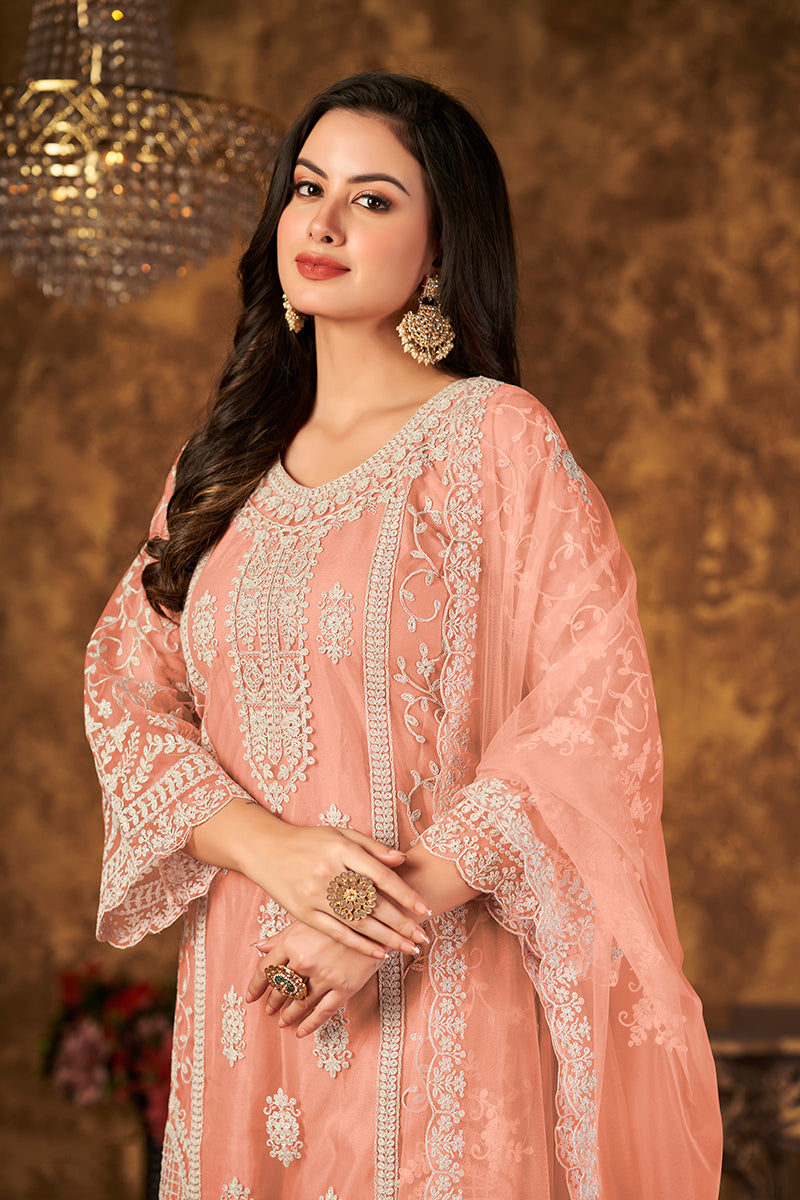 Monjolika Fashion Peach Color Net Embroidered Palazzo Suit