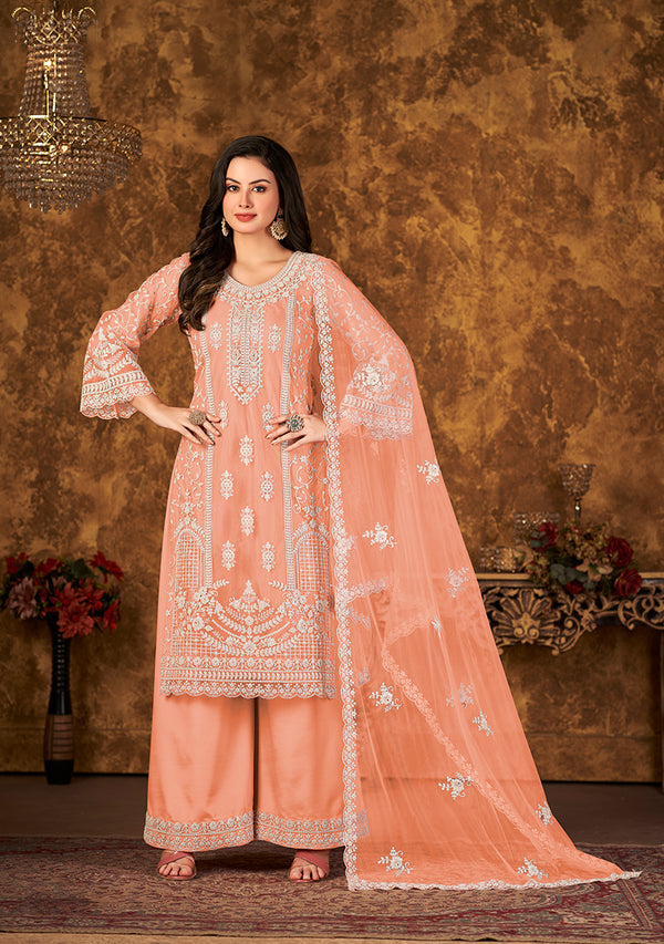 Monjolika Fashion Peach Color Net Embroidered Palazzo Suit