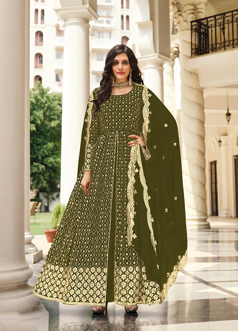 Monjolika Fashion Mehendi Green Color Georgette Embroidered Anarkali Salwar Kameez