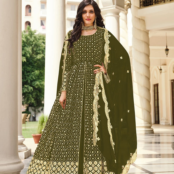 Monjolika Fashion Mehendi Green Color Georgette Embroidered Anarkali Salwar Kameez - Distacart