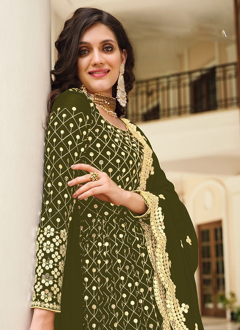Monjolika Fashion Mehendi Green Color Georgette Embroidered Anarkali Salwar Kameez