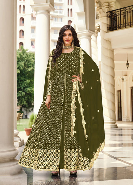 Monjolika Fashion Mehendi Green Color Georgette Embroidered Anarkali Salwar Kameez