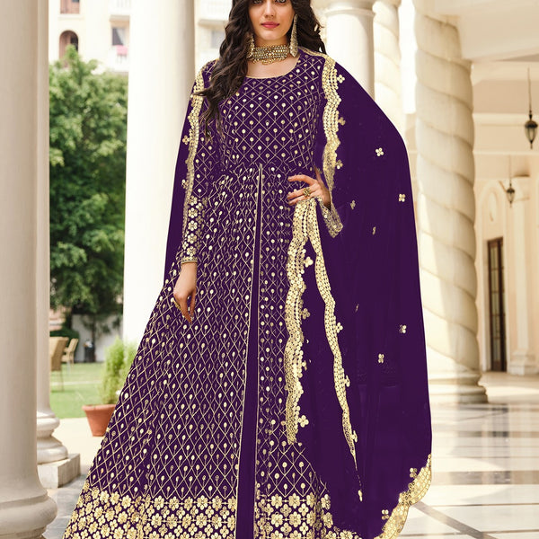 Monjolika Fashion Purple Color Georgette Embroidered Anarkali Salwar Kameez - Distacart