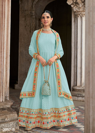 Monjolika Fashion Sky Blue Color Georgette Embroidered Floor Length Anarkali Suit