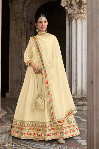 Monjolika Fashion Cream Color Georgette Embroidered Floor Length Anarkali Suit