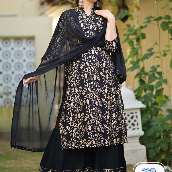 Kalini Ethnic Motifs Printed Mandarin Collar Kurta with Sharara & Dupatta - Distacart