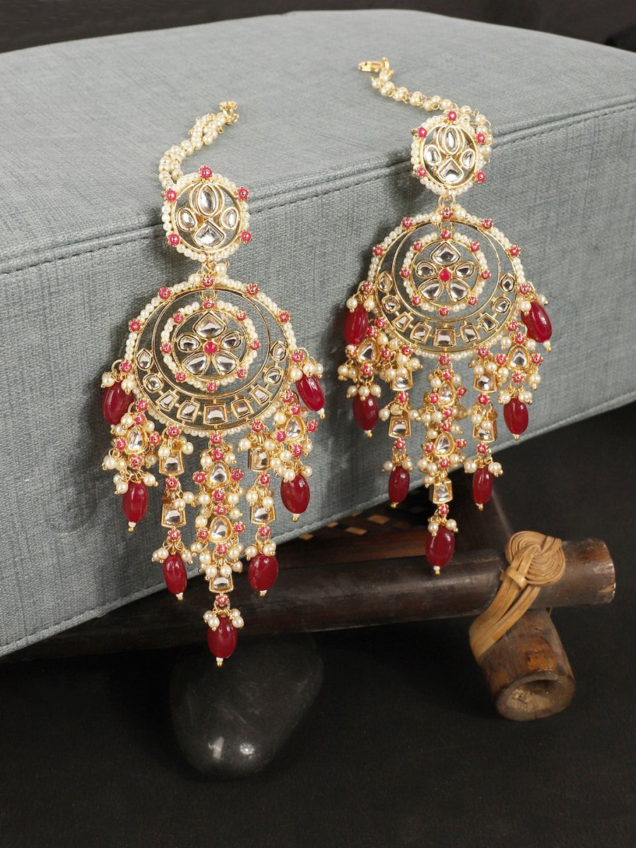 Anikas Creation Red & Gold Plated Kundan Contemporary Chandbalis With Ear Chain Earrings - Distacart
