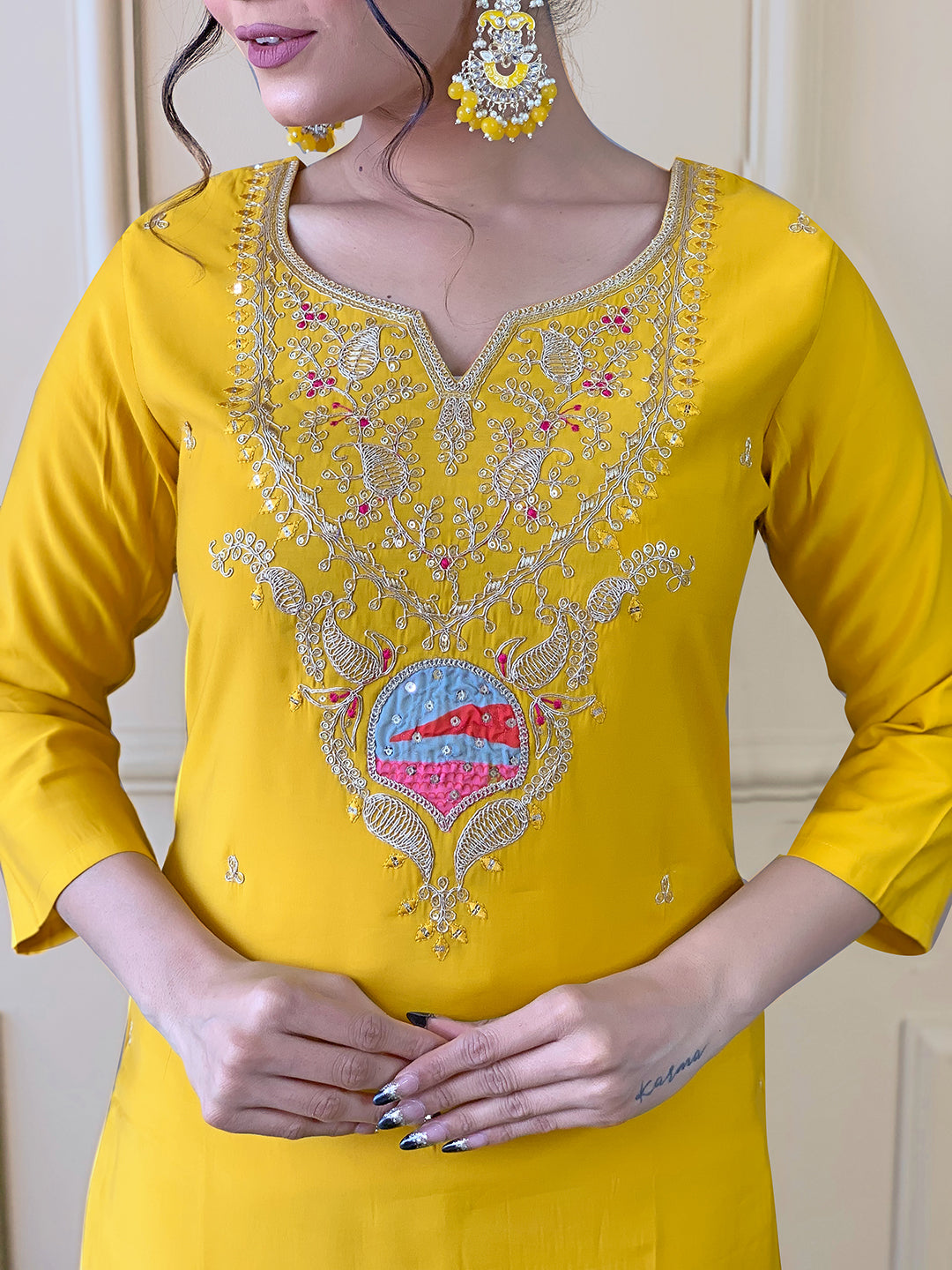 The52 Yellow Embroidered Viscose Fabric Straight Kurta, Pant and Dupatta Set
