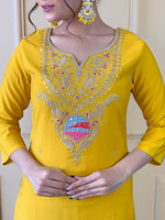 Thumbnail for The52 Yellow Embroidered Viscose Fabric Straight Kurta, Pant and Dupatta Set