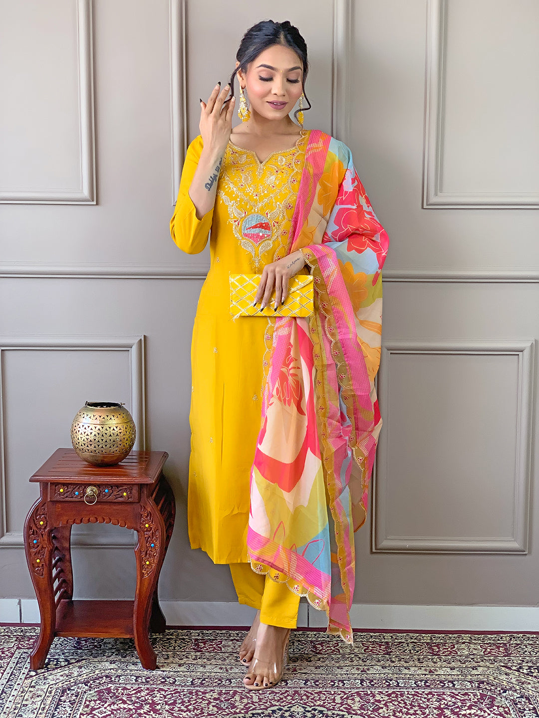 The52 Yellow Embroidered Viscose Fabric Straight Kurta, Pant and Dupatta Set