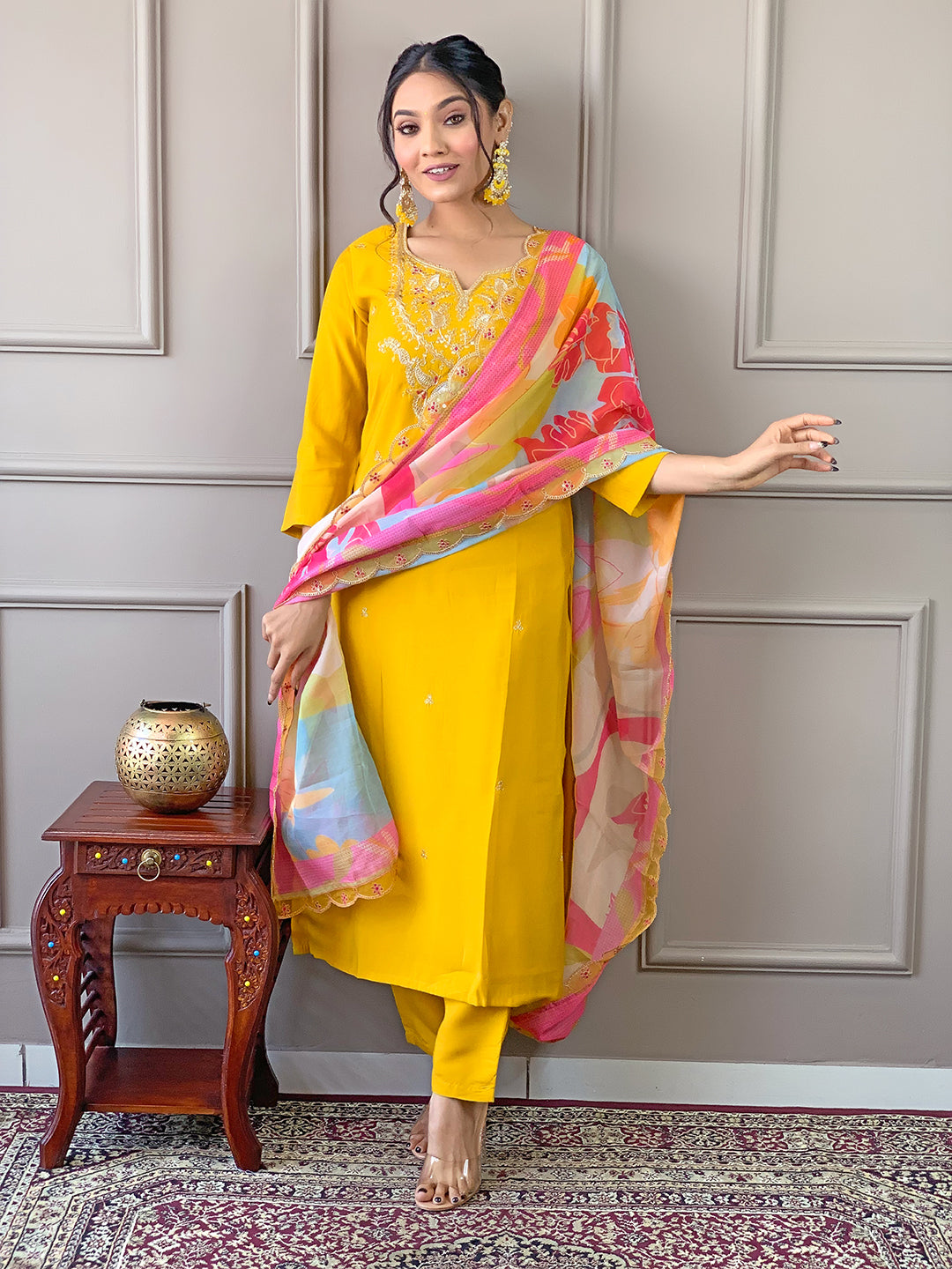 The52 Yellow Embroidered Viscose Fabric Straight Kurta, Pant and Dupatta Set