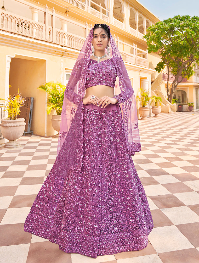 Monjolika Fashion Pink Color Net Zarkhan Work Heavy Lehenga Choli