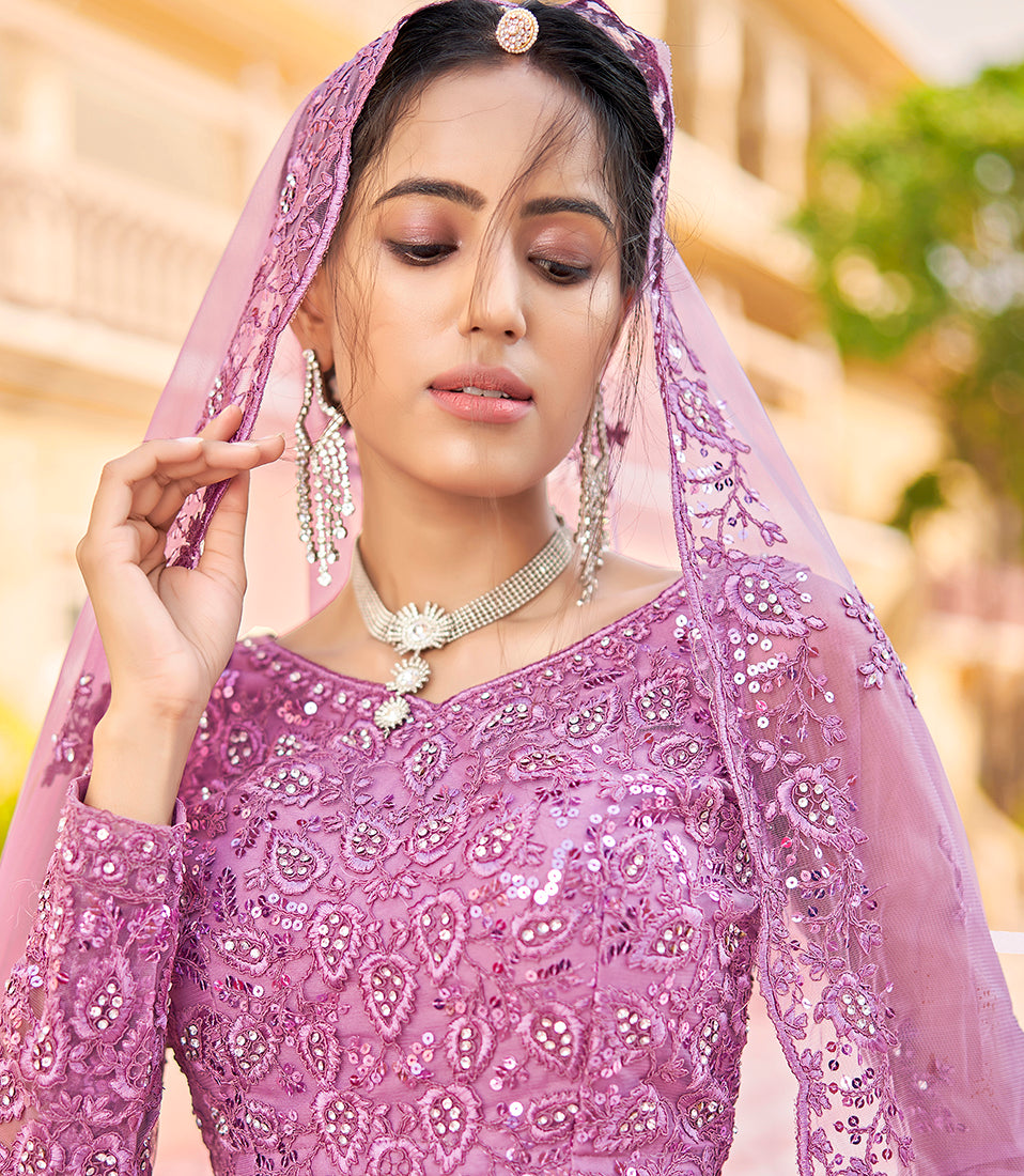 Monjolika Fashion Pink Color Net Zarkhan Work Heavy Lehenga Choli