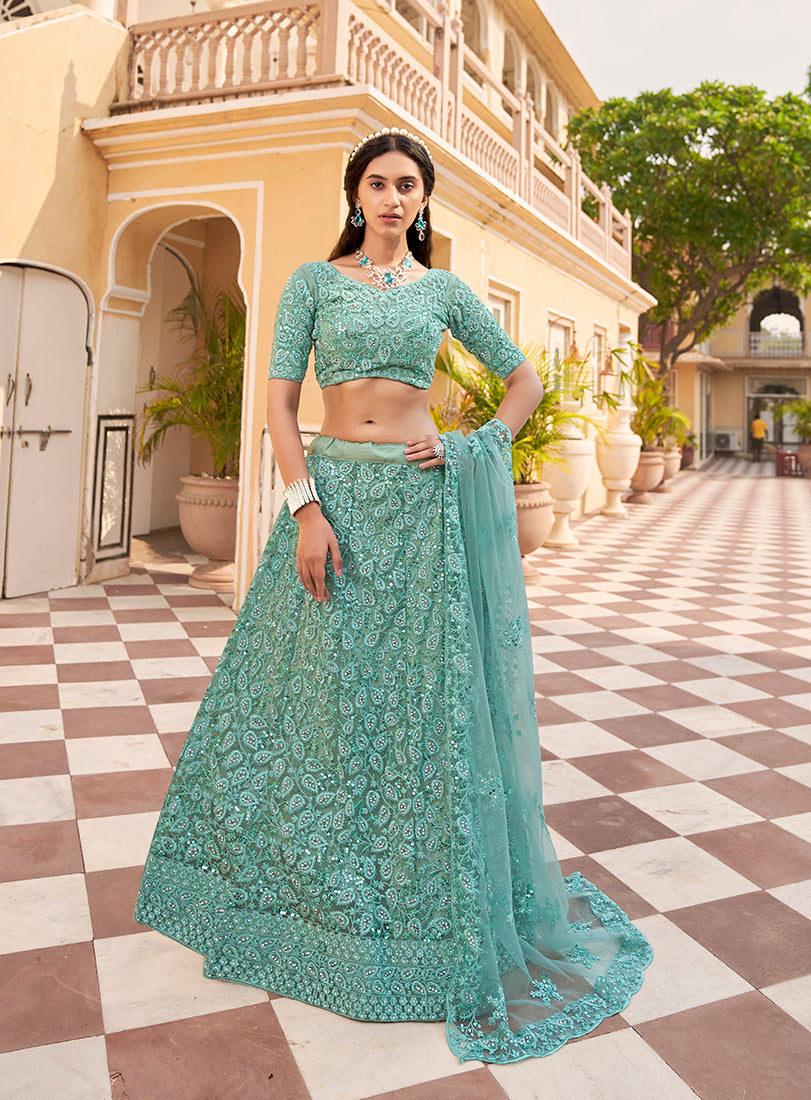 Monjolika Fashion Sky blue Color Net Zarkhan Work Heavy Lehenga Choli