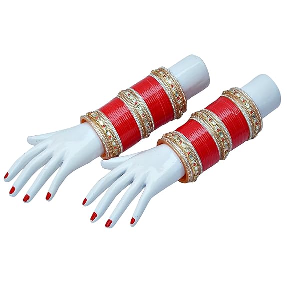 Tehzeeb Creations Bridal Bangle Set Red Golden & White Stone Chura Designer Fashion Choora Punjabi Chuda Set - Distacart